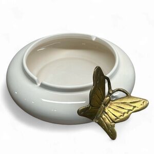 Vintage White Ceramic Ashtray Dish With Brass Gold Coloured Butterfly Accent